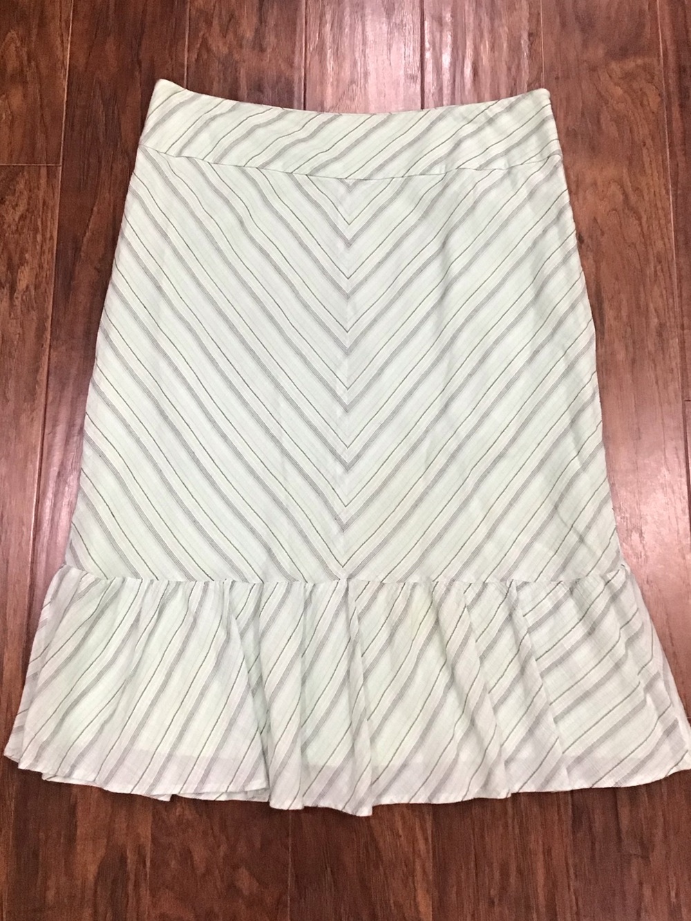 LOFT Mint and White Striped Midi Skirt with Ruffle Hem